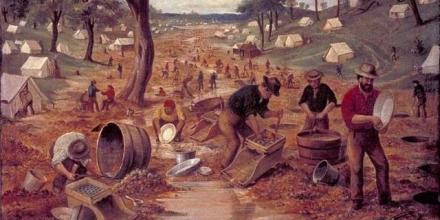 Oil painting measuring 70.5 cm x 90.3 cm, painted about 1855 by Edwin Stocqueler (1829-1895), showing men working on the Bendigo gold field in Victoria.