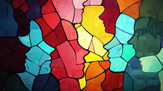 A glowing mosaic of faces representing unity in cultural and linguistic diversity.