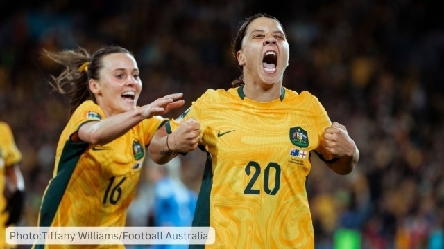Sam Kerr and Hayley Raso celebrating a goal. Photo: Tiffany Williams/Football Australia