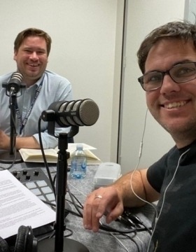 Caillan Davenport and Matt Smith recording episodes of ‘Emperors of Rome’ at the Centre for the Public Awareness of Science, ANU.
