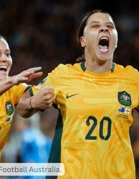 Sam Kerr and Hayley Raso celebrating a goal. Photo: Tiffany Williams/Football Australia