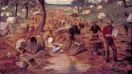 Oil painting measuring 70.5 cm x 90.3 cm, painted about 1855 by Edwin Stocqueler (1829-1895), showing men working on the Bendigo gold field in Victoria.